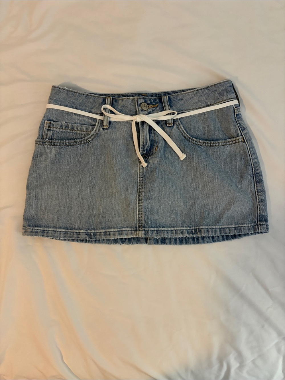 Hollister Light Blue Denim Mini Skirt with White Tie